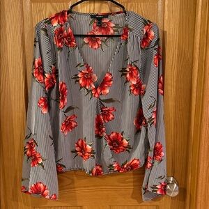 Forever 21 Red Floral Striped Blouse